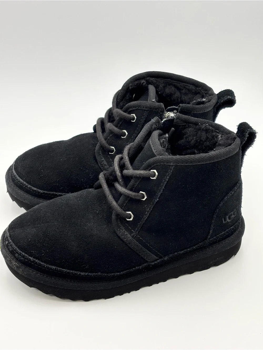 UGG Kids Black Suede Lace-Up Ankle Boots with Fleece Lining Size 12 Toddler